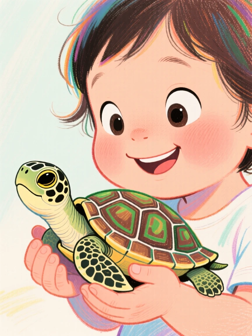 A child gently petting a baby turtle cupped carefully in both hands.