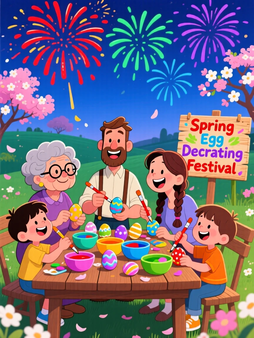 A festive celebration scene of a family decorating eggs together at a spring gathering, under a sky full of fireworks.