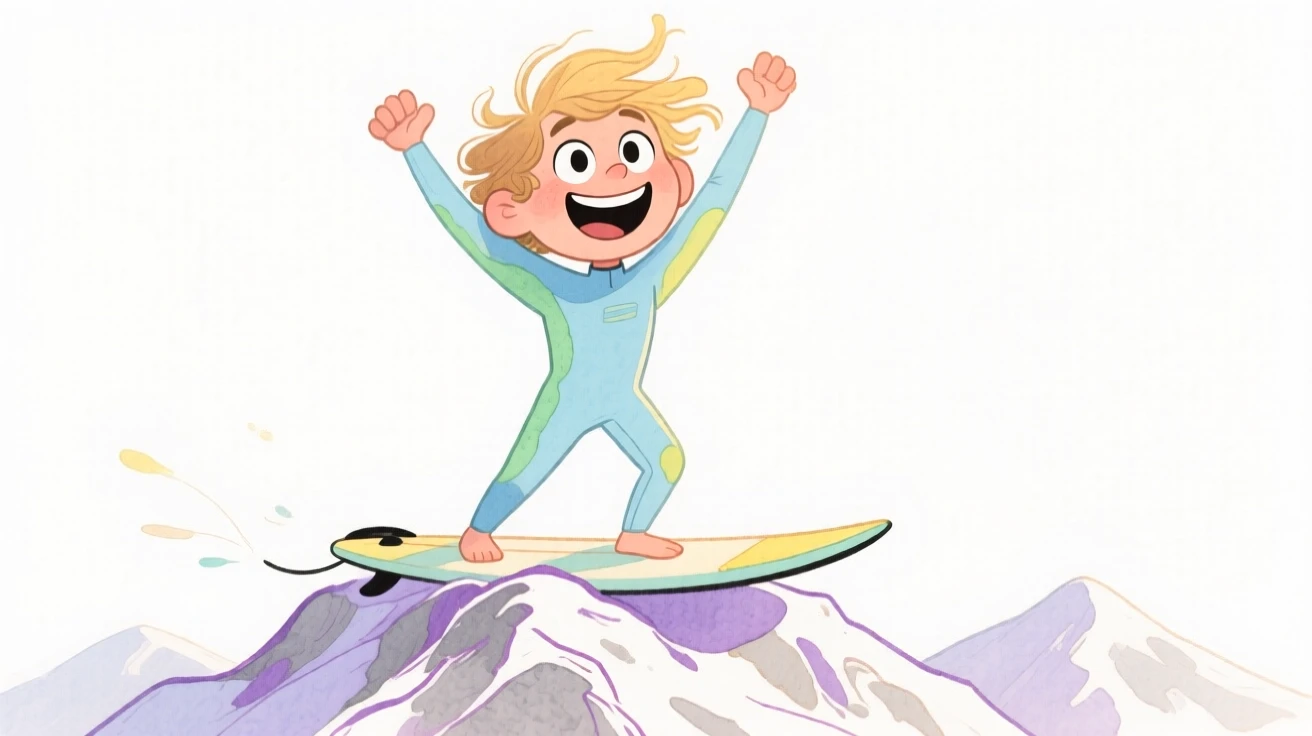 A surfer reaching a mountain summit with arms raised in triumph