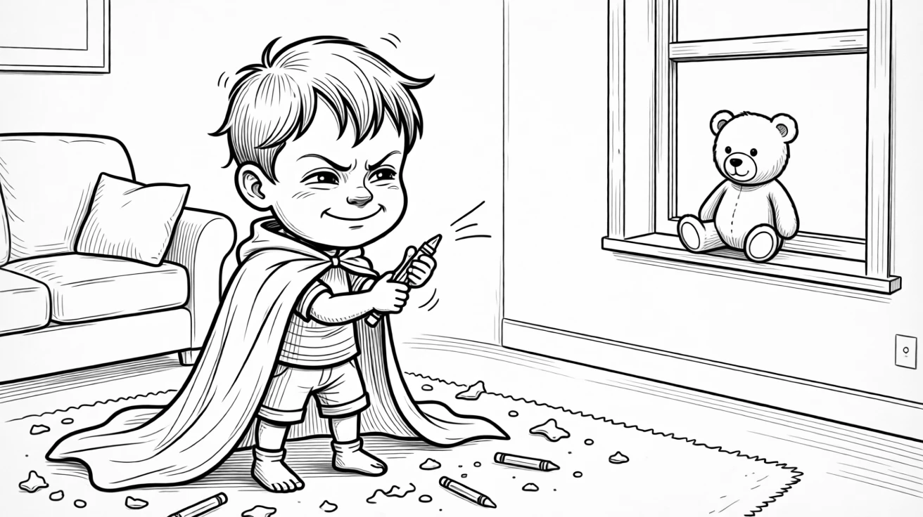A toddler stubbornly refusing to share one crayon, grinning guiltily with crumbs scattered everywhere, set in a living room draped in a bedsheet cape. A stuffed bear watches from a nearby windowsill. It's a burst of pure, unfiltered childhood joy.