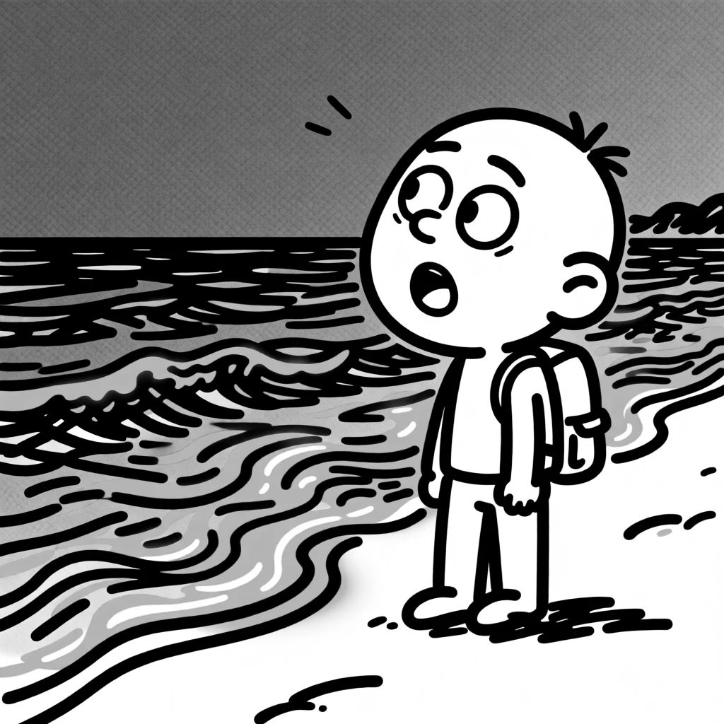 A traveler watching bioluminescent waves glow electric blue along a midnight shoreline.
