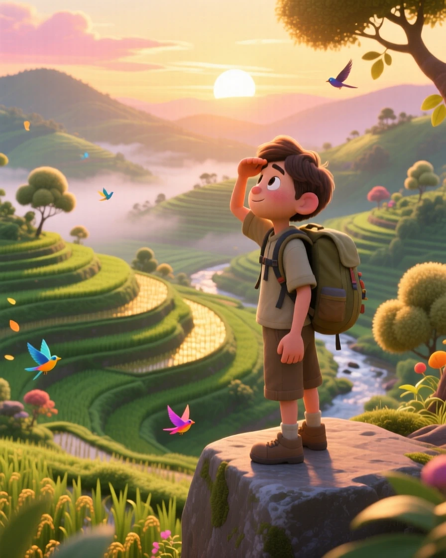 A solo hiker pausing to rest stands overlooking a terraced rice field at sunrise, resting on a stone ledge to admire the scenery. A warm sense of gratitude and wanderlust colors the moment, with warm golden light washing over everything.