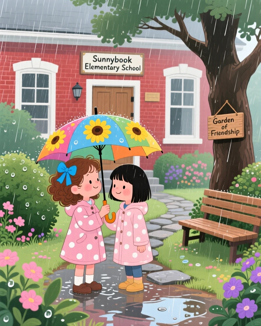 A girl and a shy new classmate are seen sharing an umbrella during a sudden rainstorm in a garden behind a school, with quiet gratitude in their eyes.