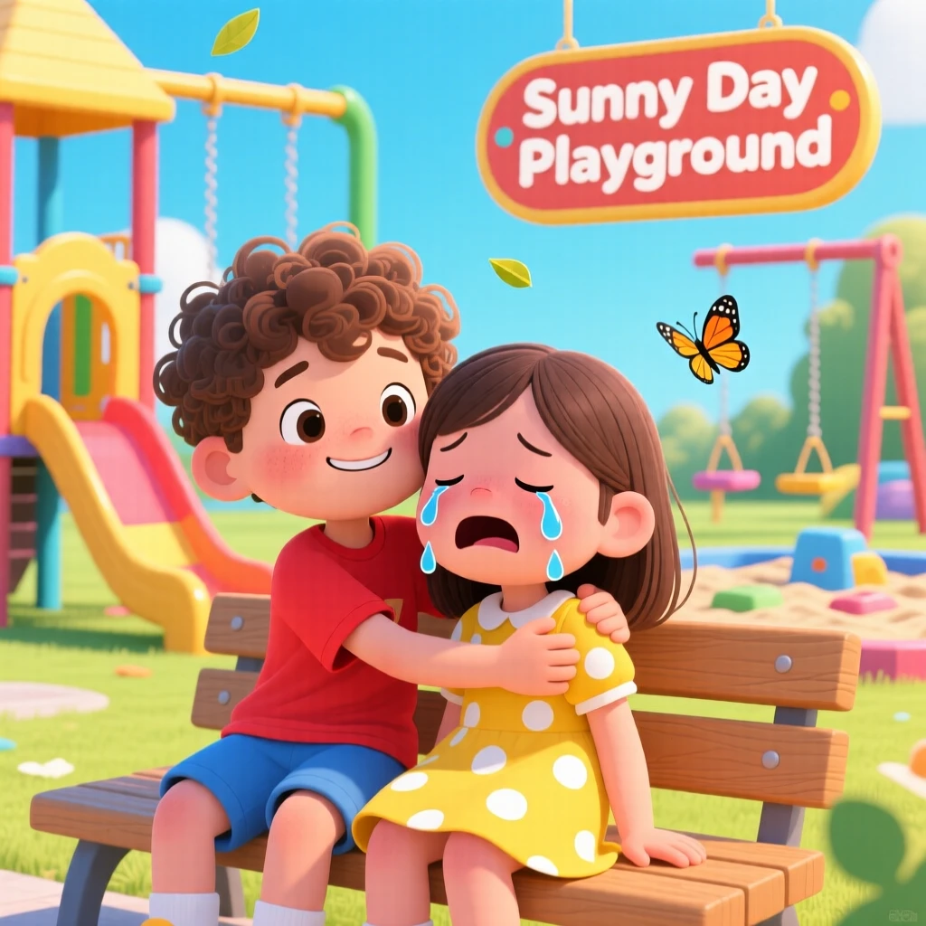 A child comforting a crying friend on the playground.