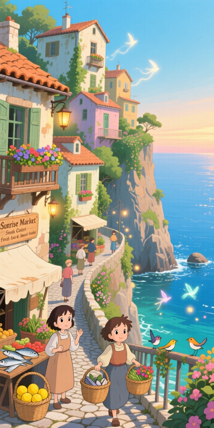 A scenic view of a coastal cliffside town with houses stacked above the water, as locals stroll along winding cobblestone lanes.
