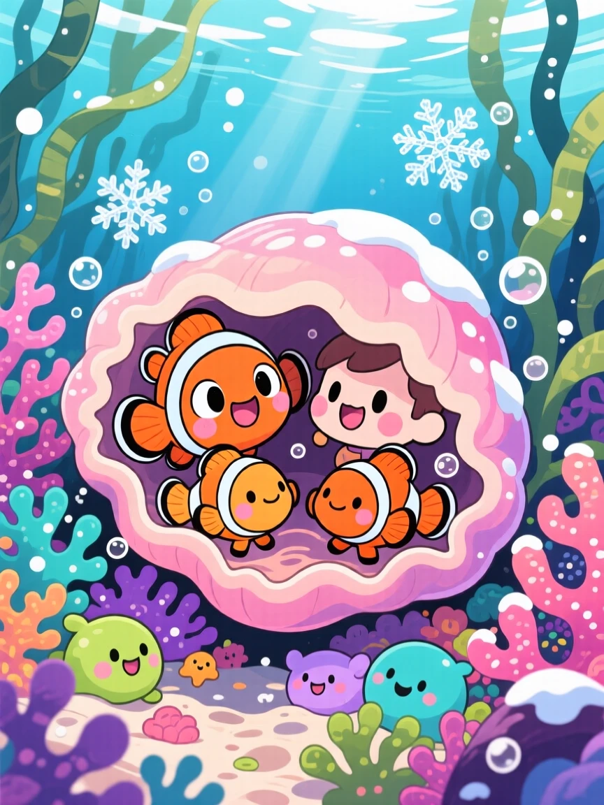 Bird's-eye view: a young clownfish family, playing hide and seek in an anemone, set against a colorful coral reef amid softly falling snow, with dappled sunlight through a canopy and a mood of giggling amusement.