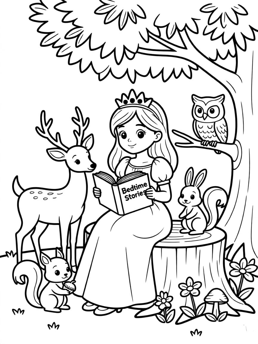 A princess reading a bedtime story to her woodland friends