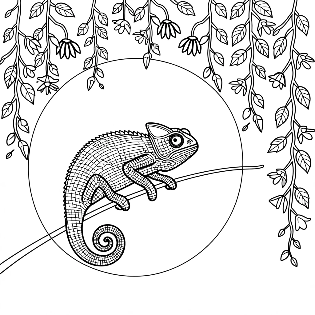 A chameleon silhouetted against a full moon, framed by hanging vines and wildflowers.