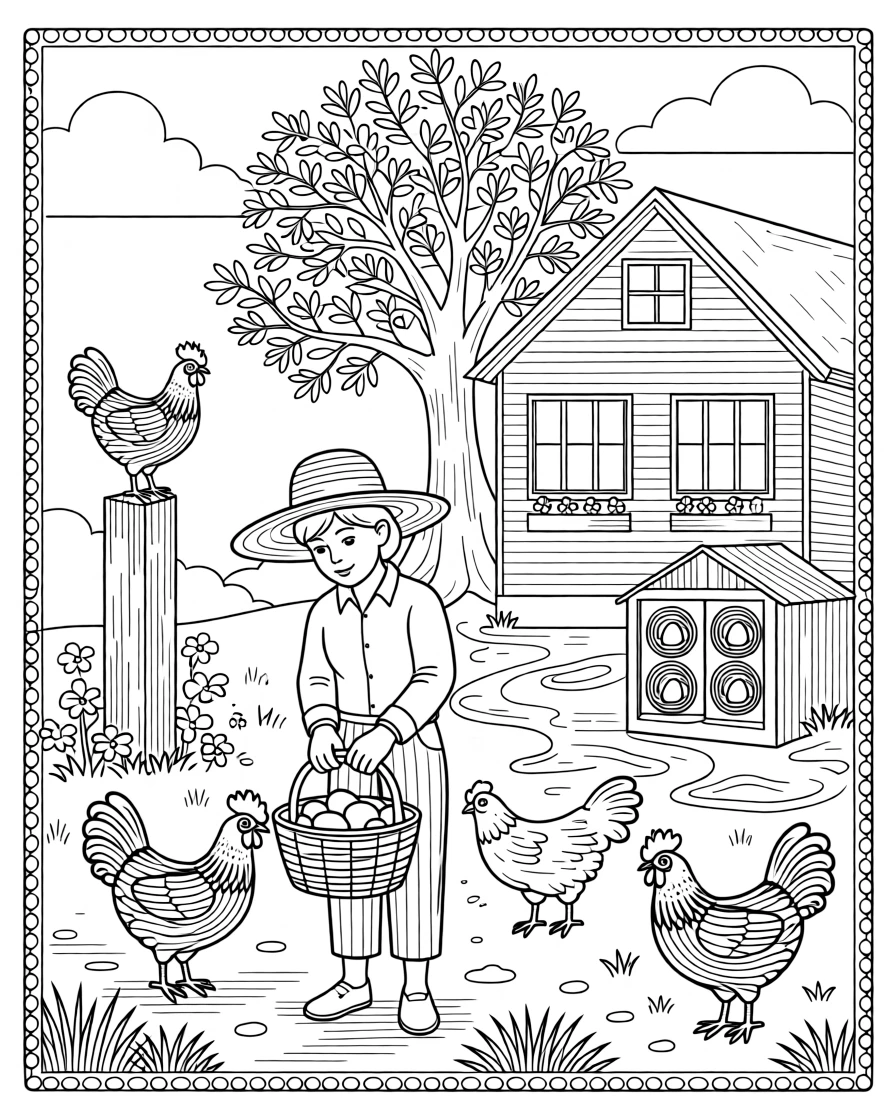 A farmhouse egg-gathering scene with a basket and clucking hens.