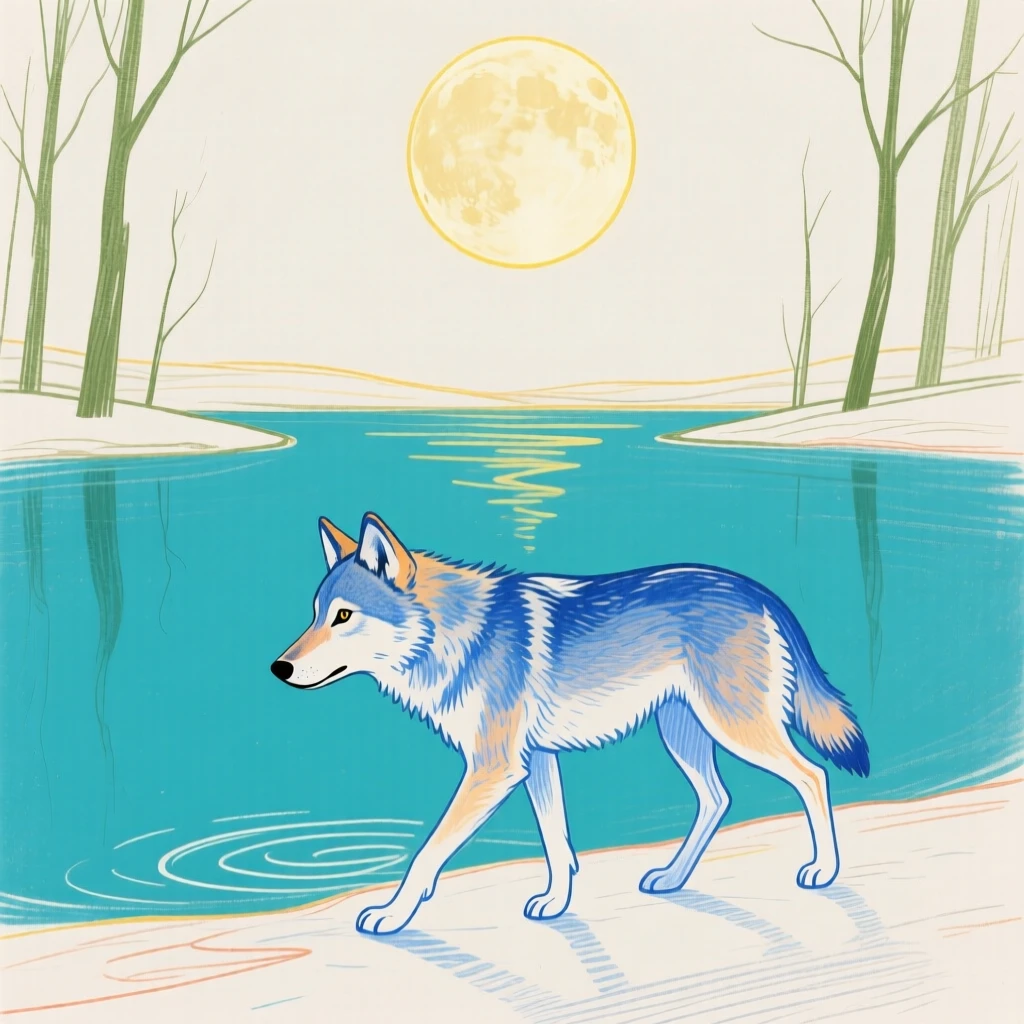A young wolf wandering beside a still lake under a full moon.