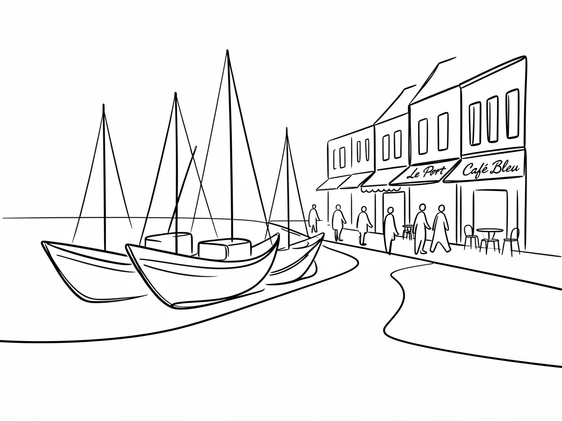 A bustling harbor promenade lined with fishing boats and cafés