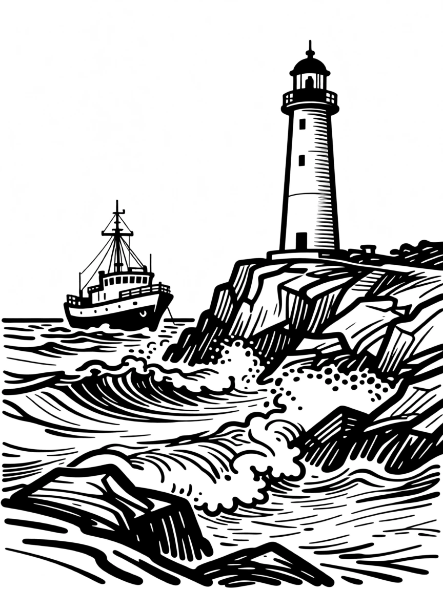 A tall lighthouse ship anchored near a rocky, storm-battered coast.