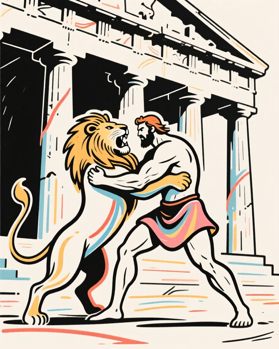 Hercules wrestling a lion beneath the shadow of a Greek temple.