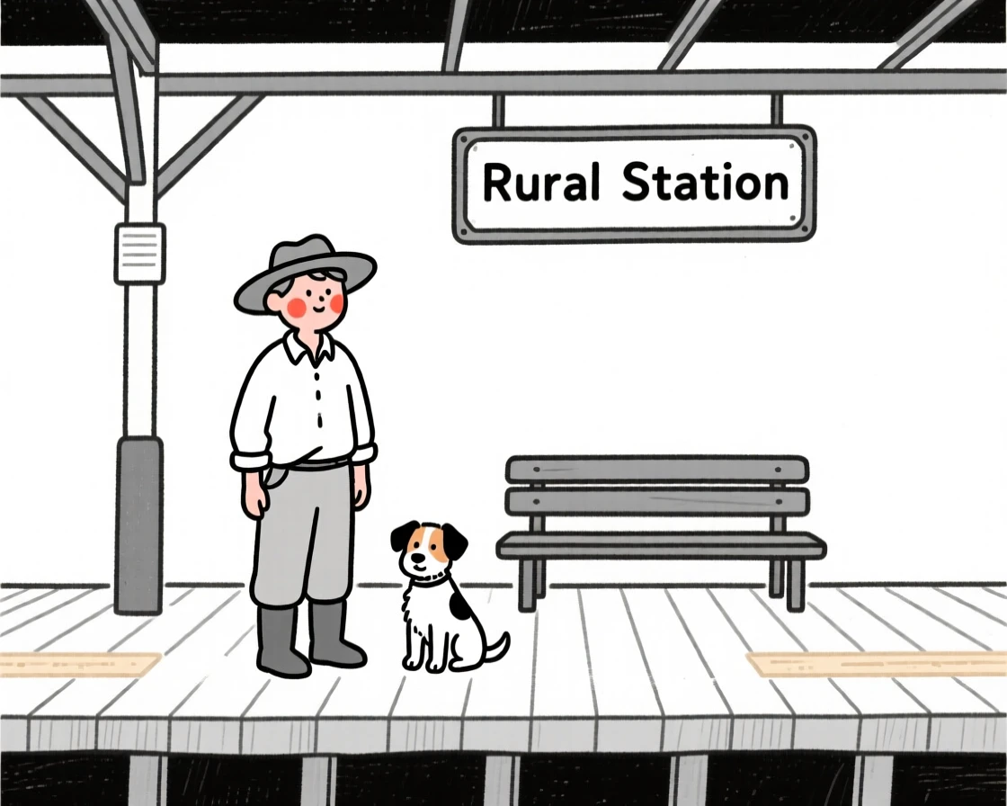A shepherd with a small terrier, glowing with nostalgia, at a rural train station.
