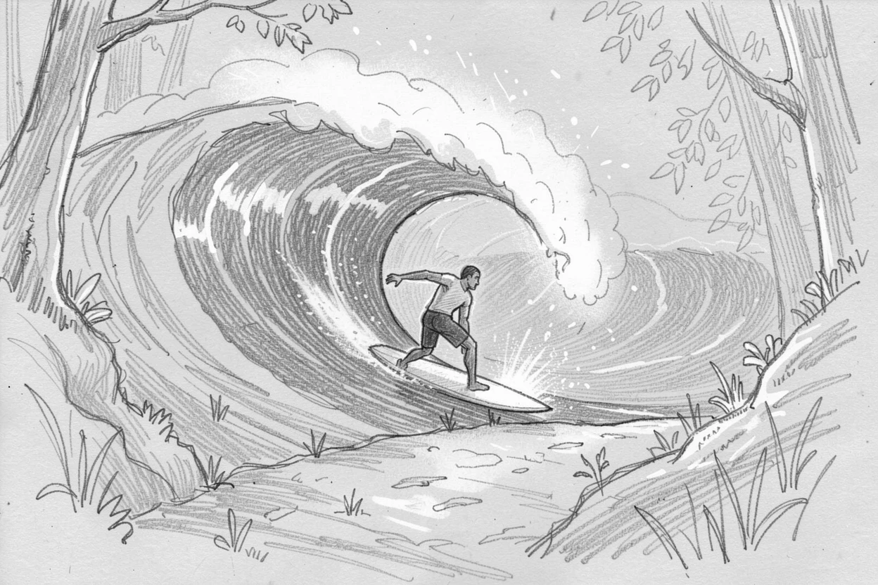 A surfer riding the curl of a massive wave, on a quiet forest trail, with spray catching the sunlight.