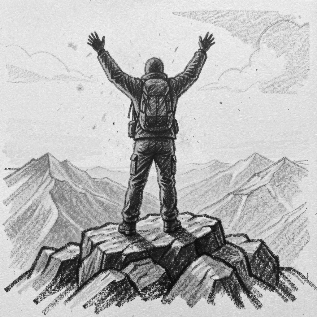 A hiker standing atop a summit with arms raised in triumph, in the warm glow of early morning light.