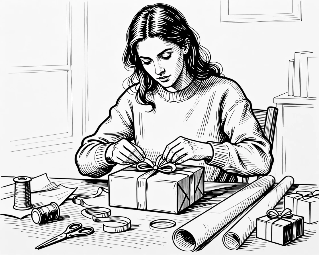 A woman wrapping gifts at a table covered in ribbon and paper.
