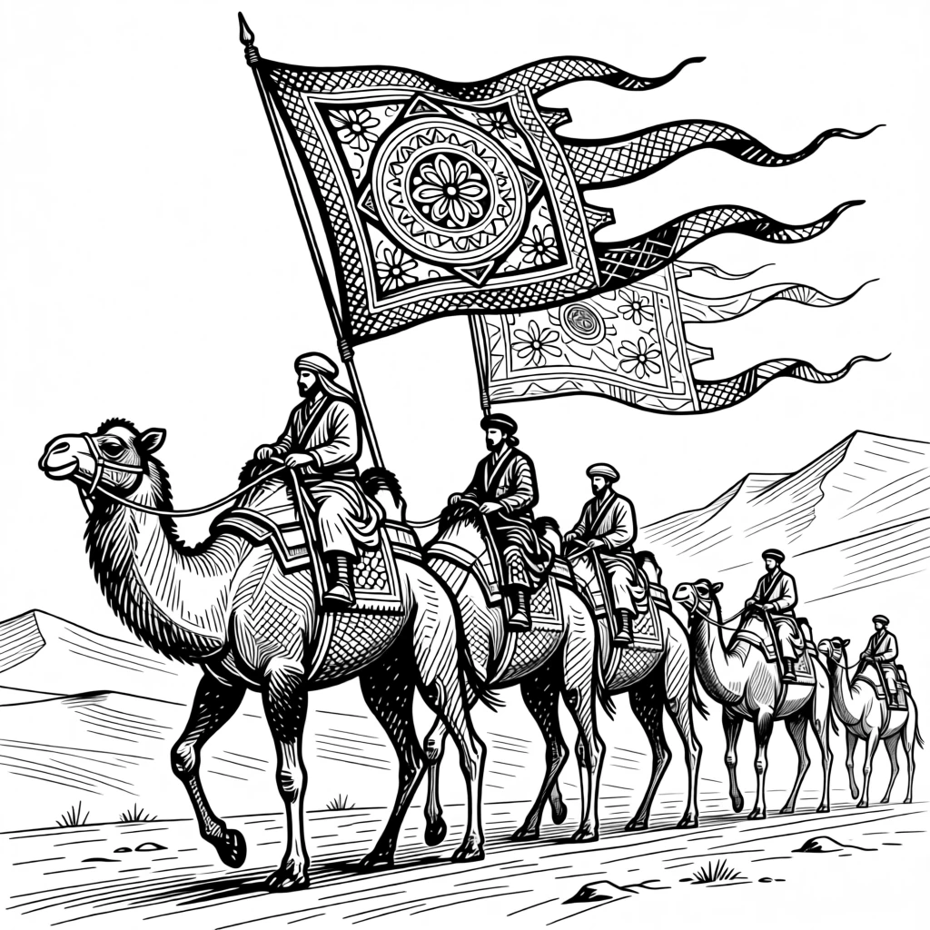 A caravan crossing the silk road under banners fluttering in the wind, with intricate patterns woven into the fabric, portrayed in a proud and storied historical scene.