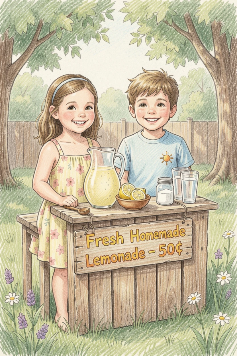 A summer lemonade stand run by two smiling children, with rich, inviting textures throughout the scene, capturing a quiet story that lingers with the viewer.