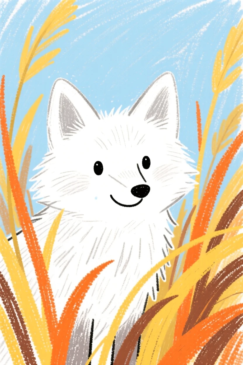 A snowy fox watching curiously from behind tall autumn grass.
