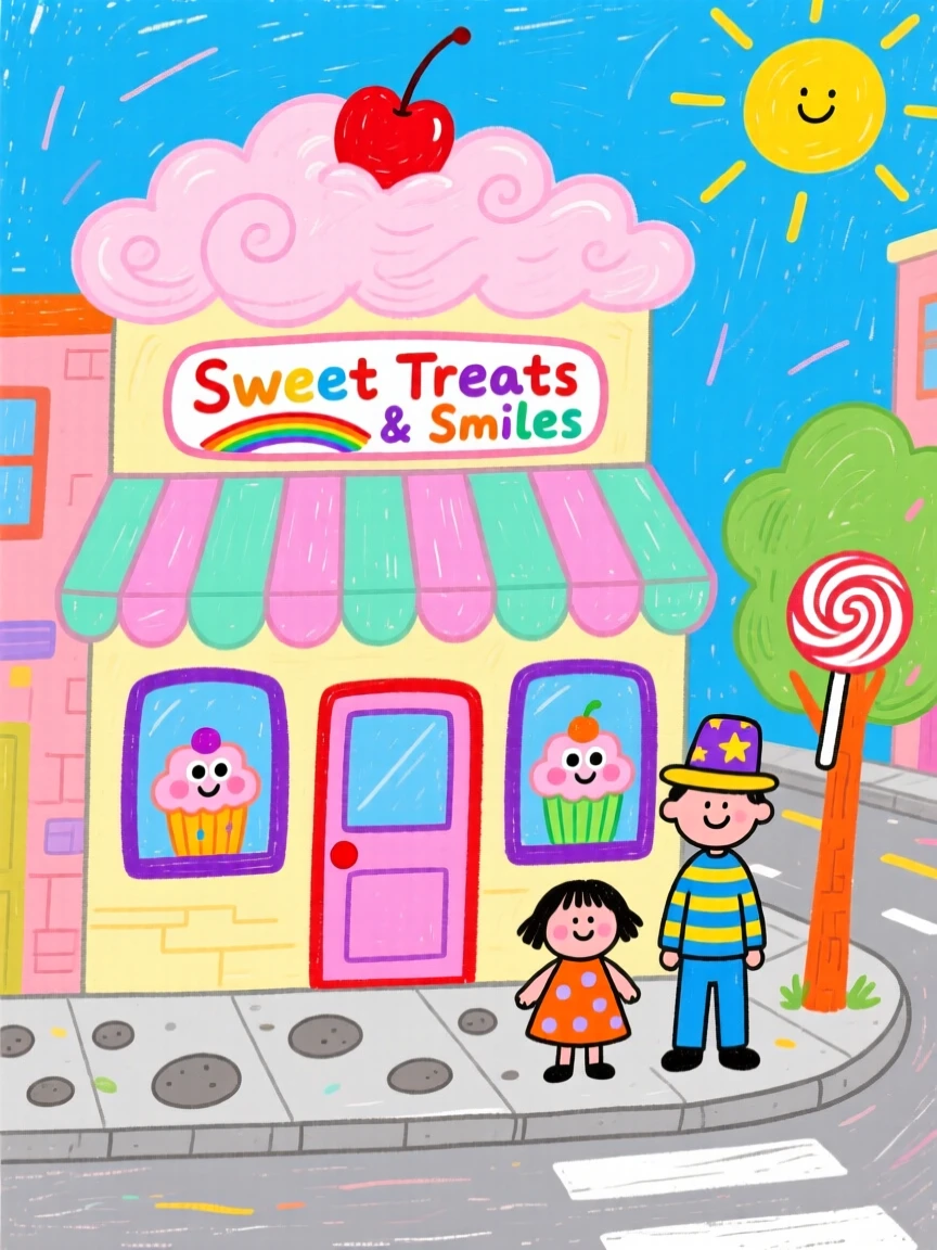 A whimsical candy-colored bakery on a busy street corner.
