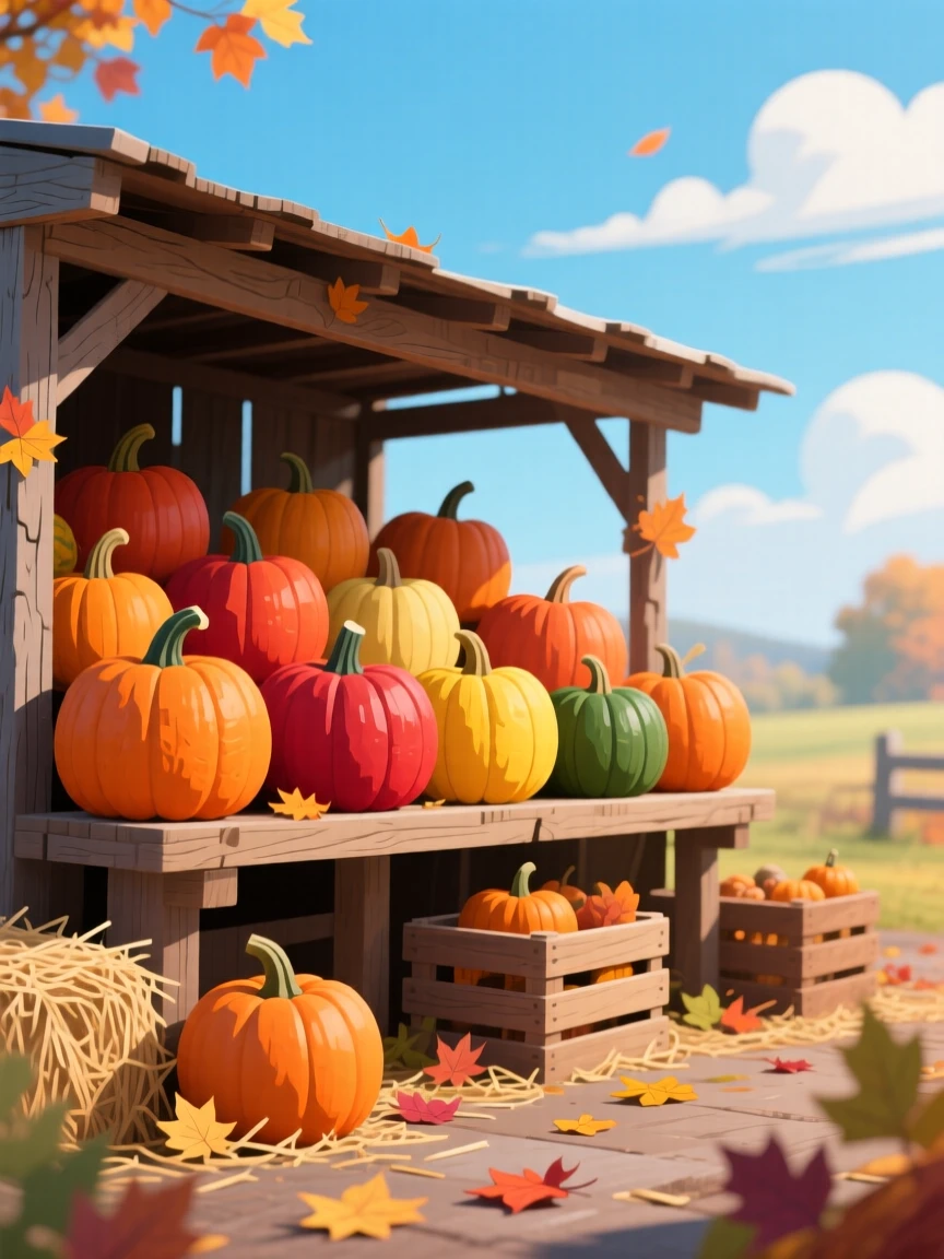 A row of colorful autumn pumpkins stacked at a farm stand, set against a crisp, clear seasonal sky, framed with soft atmospheric depth fitting the season, with a fresh, crisp atmosphere throughout.