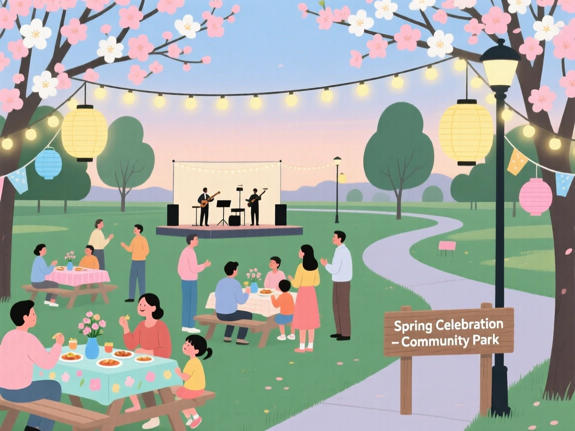 A spring celebration with glowing lights filling a community park.