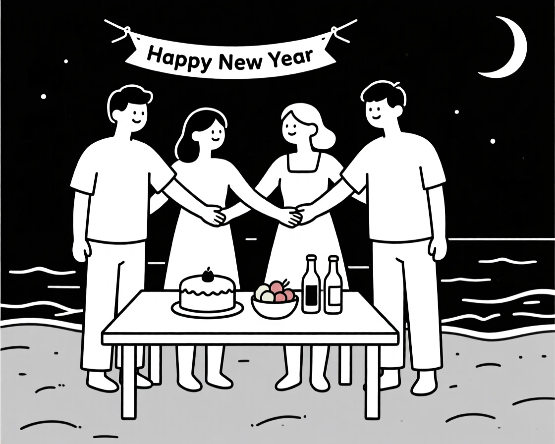 Friends gathered for a New Year's countdown in a beachside gathering, surrounded by a table of festive food, radiating heartfelt gratitude.