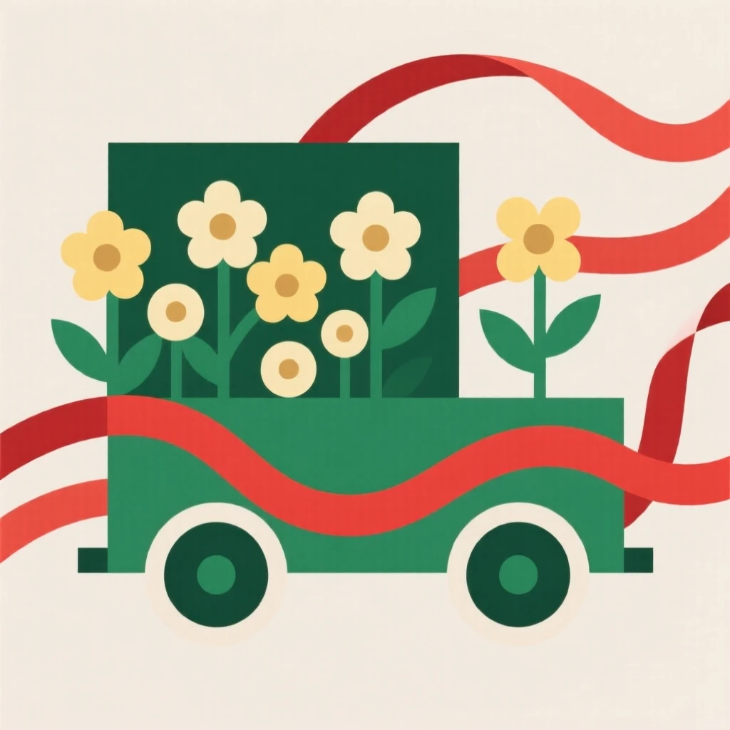 A festive parade float with flowers and ribbons