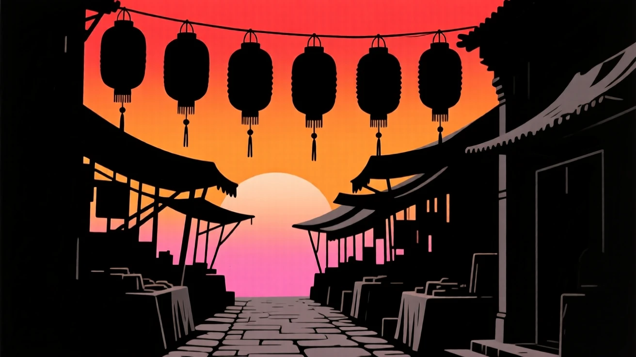 A row of hanging silk lanterns lighting a narrow market alley.