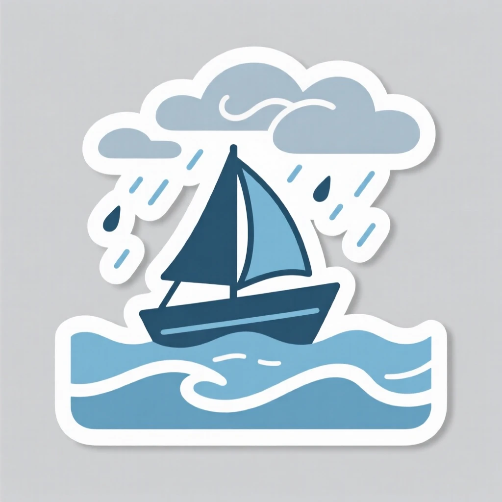 A softly triumphant scene of a small boat navigating calmly through a gentle storm, surrounded by a gentle sense of stillness, representing a new beginning.