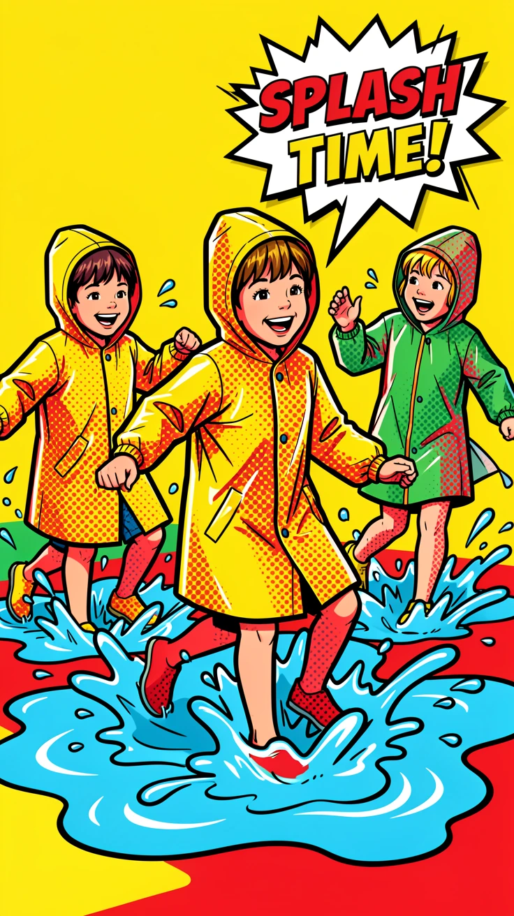 Kids splashing through puddles in clear raincoats