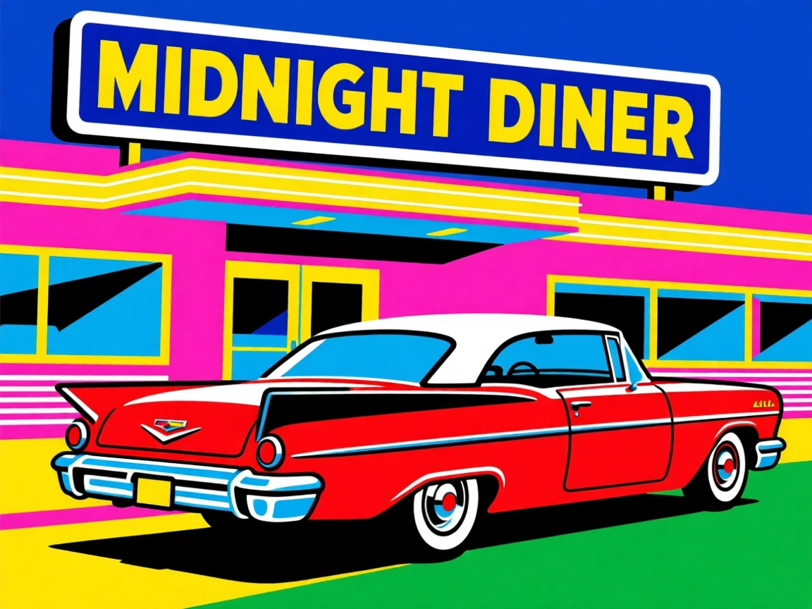 Classic tail-finned car parked at a diner
