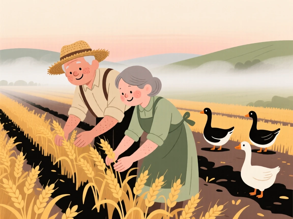 A elderly couple tends rows of golden wheat on a small family farm as geese wander nearby and the morning mist begins to lift.
