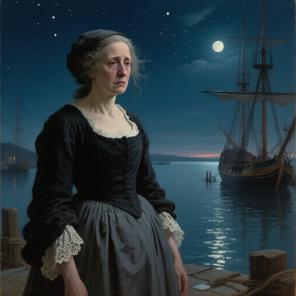 A close-up portrait of a widow standing alone at a quiet harbor, watching the horizon, in the 18th century, under the night sky.