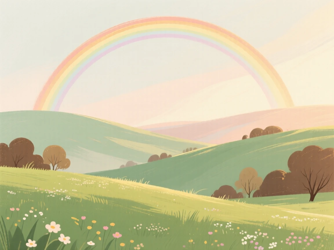 A rainbow arching over a fresh green spring valley