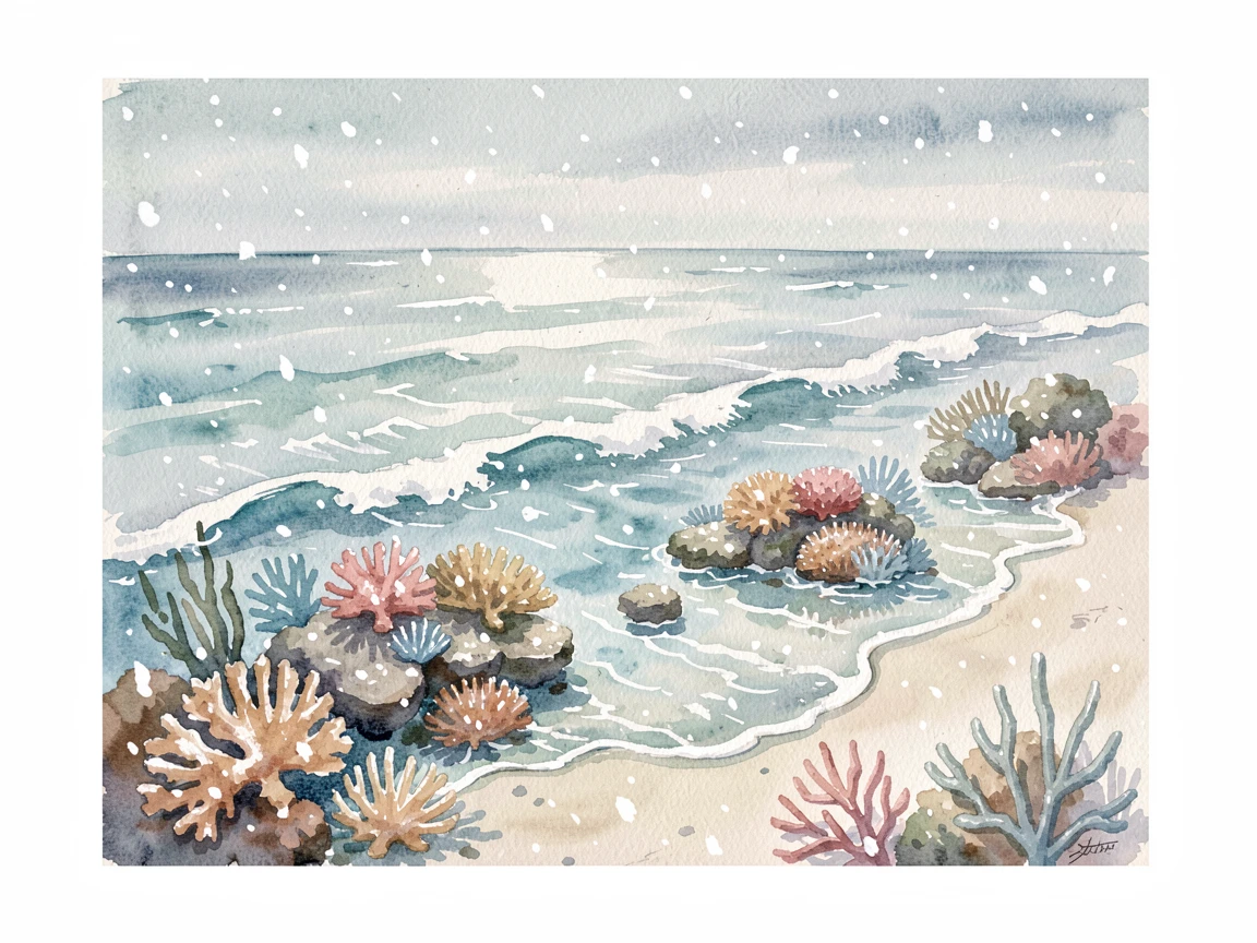 A coral reef seen from above the water during the first snowfall with gentle waves lapping the shore.