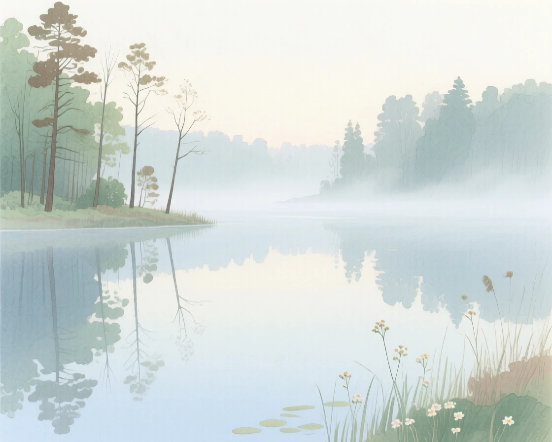 A serene view of a still forest lake, while mist drifts gently through the air, evoking calm and quiet reflection