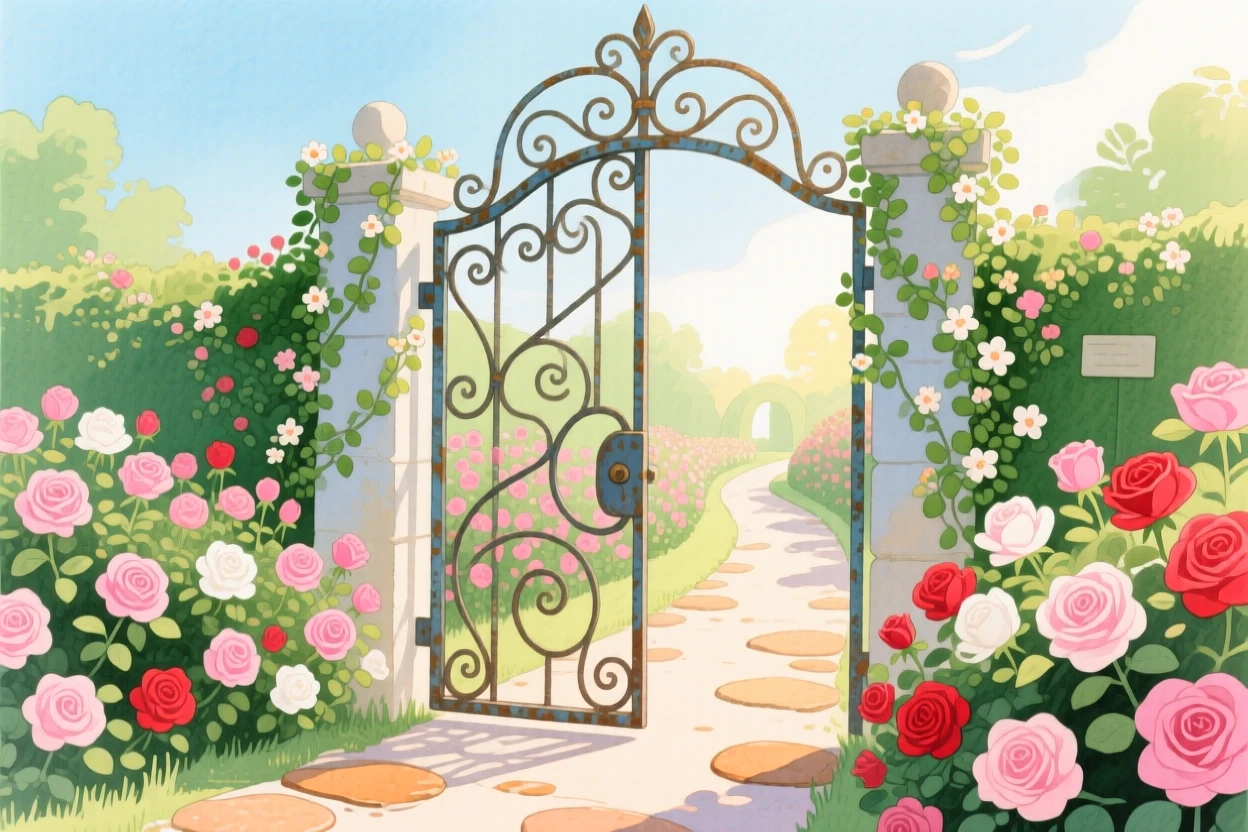 An adventurous scene of a secret garden gate opening onto a path of blooming roses.