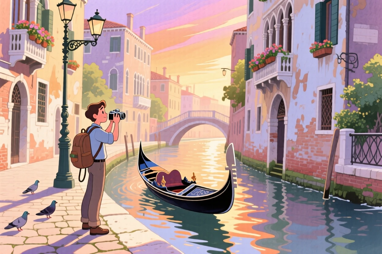 A traveler pauses to soak in the view amid the winding canals of Venice at golden hour, capturing the wonder of discovering a new place.