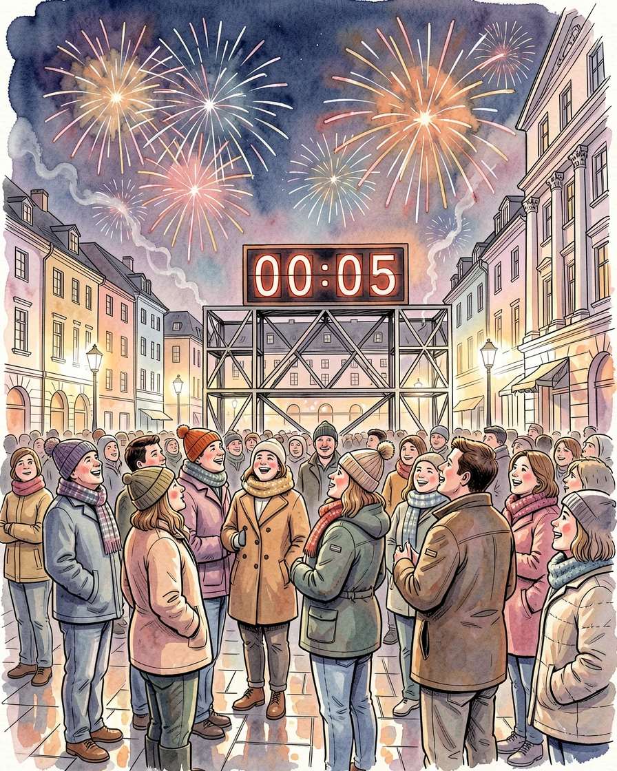 A New Year's Eve countdown scene with a crowd gathered under fireworks, a nostalgic, comforting atmosphere settling over the scene.