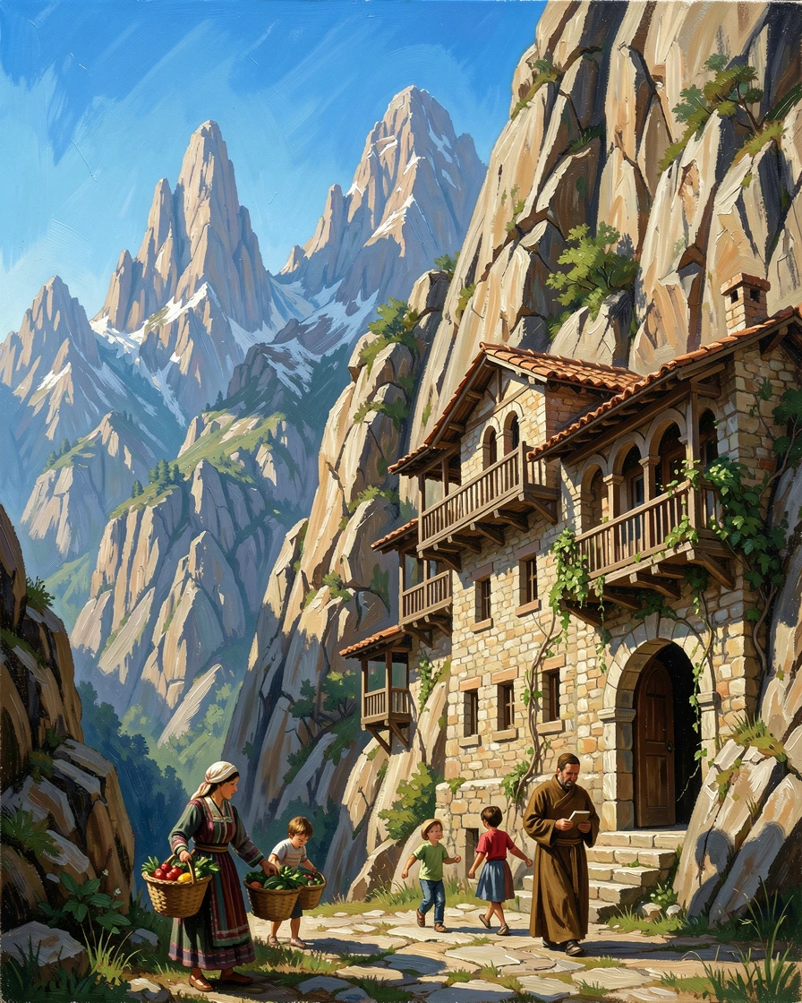With mountains rising dramatically in the background, a cliffside monastery built into a sheer rock face, locals going about their daily routines, under a vivid blue midday sky.