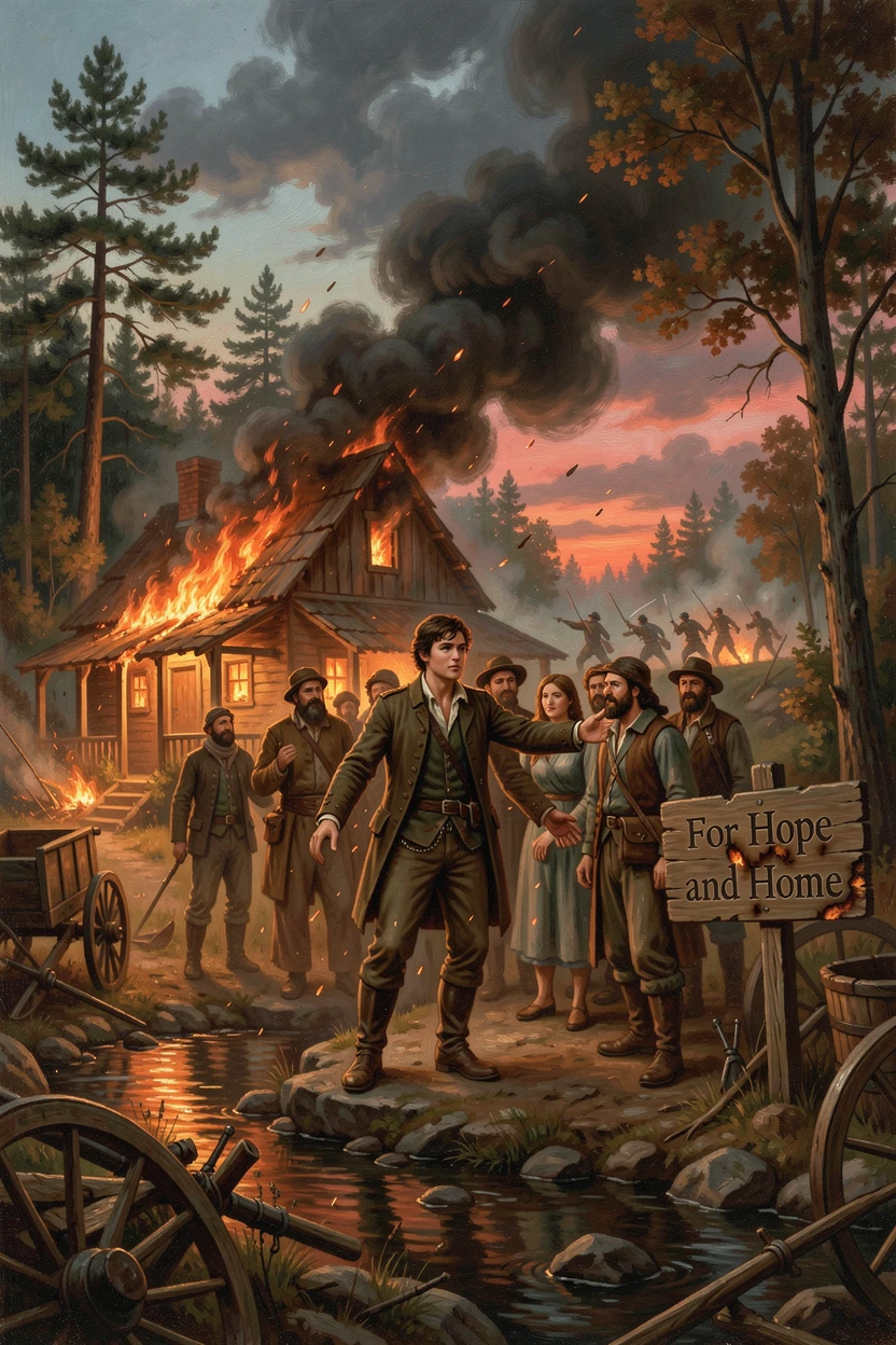 A young hero shields his companions from a raging fire consuming a village home amid the chaos of battle.