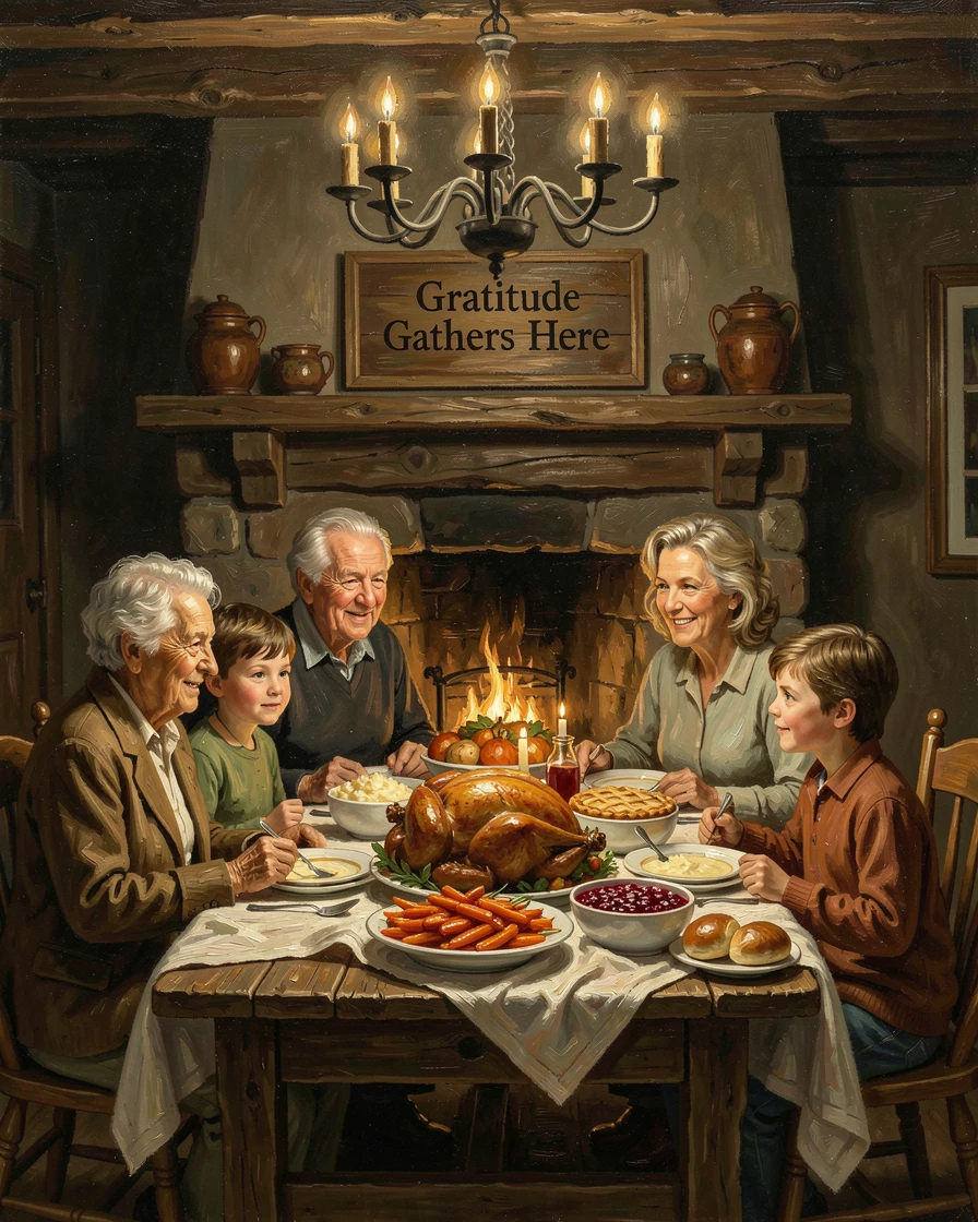 A family gathered around a Thanksgiving table piled high with food, as golden or twinkling light creates a magical atmosphere, designed to bring festive cheer to any home or gallery wall