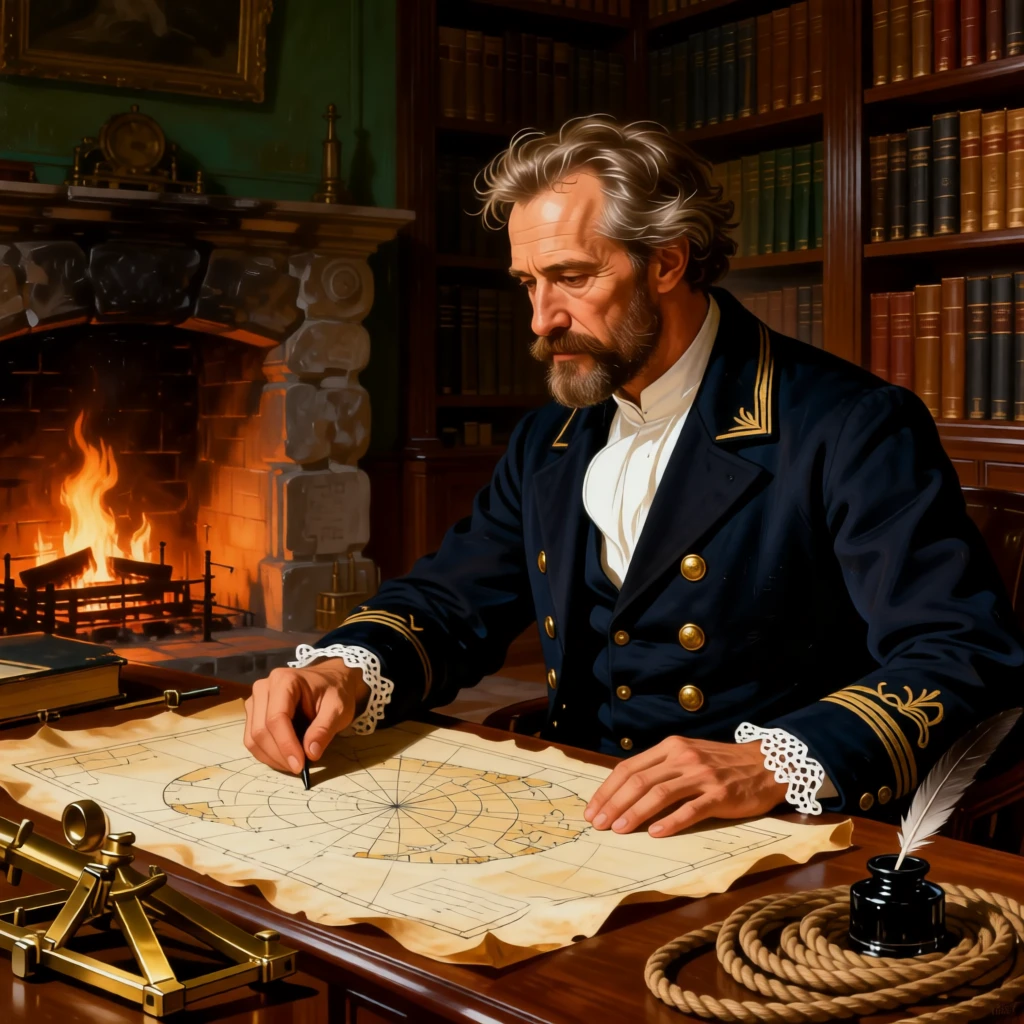 A weathered sea captain studying a worn nautical chart lost entirely in private thought, set within a book-lined study warmed by a crackling fire, with soft light tracing the folds of fine fabric and delicate lace; the pose is turned gently off-center for a natural, candid feel, evoking tenderness, memory, and unspoken emotion.