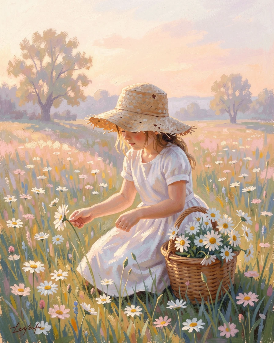 A little girl in a straw hat picking wildflowers in a sunlit meadow, her basket half full of daisies, as the first light of dawn breaks, evoking timeless charm and quiet elegance.