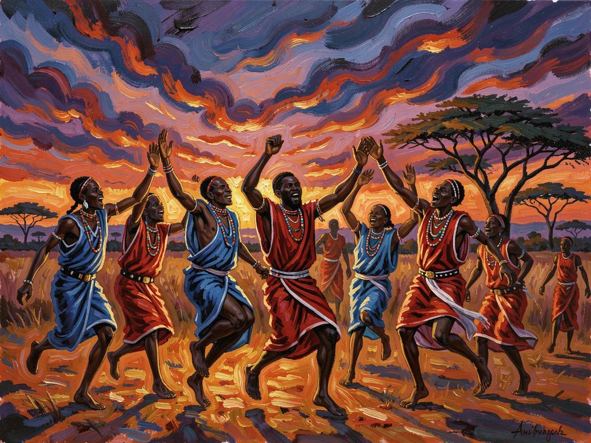 A traditional Maasai dance performed at dusk beneath the wide African sky.