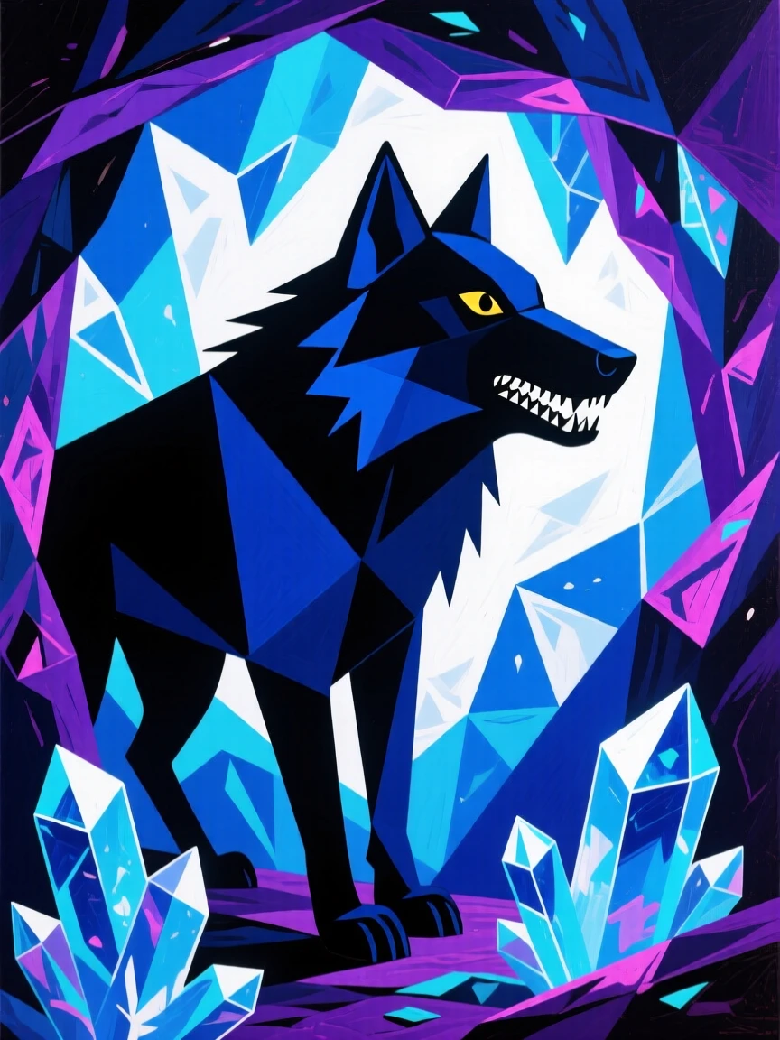 A magical scene of a shadow wolf within a cavern of glowing crystals.