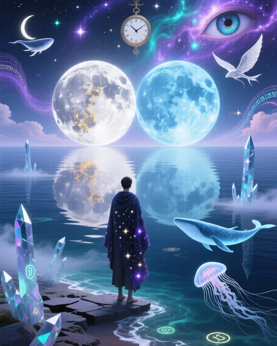 Twin moons rising together over a silent, glassy sea illuminates a single figure standing in awe beneath it, while the entire scene shimmers with quiet, cosmic stillness.