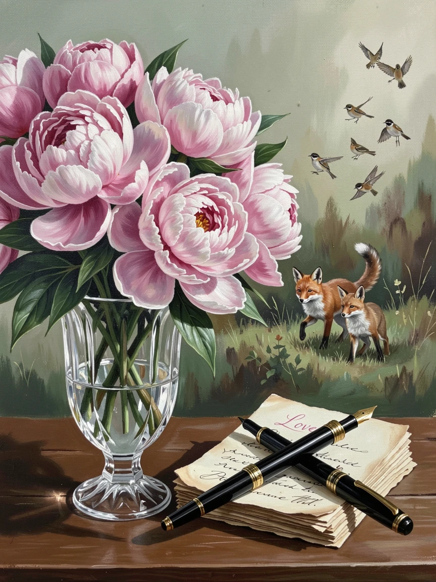 A bouquet of peonies in full bloom sits in a crystal vase beside a stack of love letters and an antique fountain pen, with scattered wildlife visible moving quietly through the middle distance of the composition.
